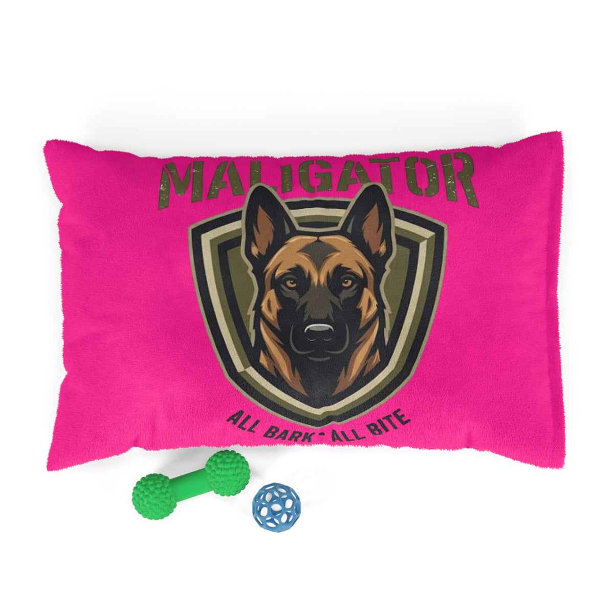 Maligator Dog Bed - "All Bark All Bite" Pink Plush Pet Bed for German Shepherds