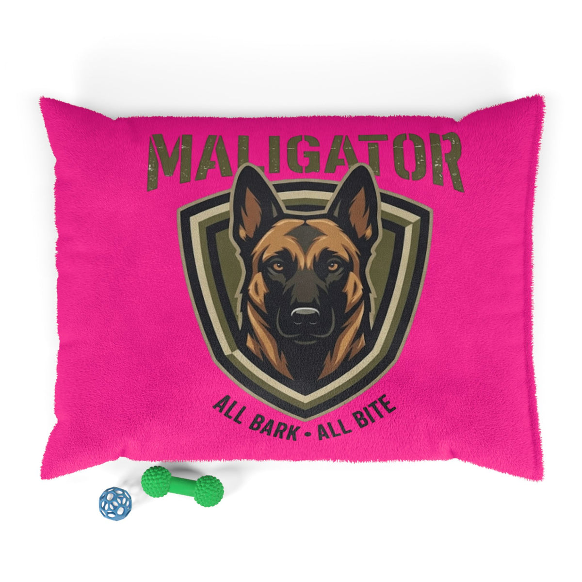 Maligator Dog Bed - "All Bark All Bite" Pink Plush Pet Bed for German Shepherds