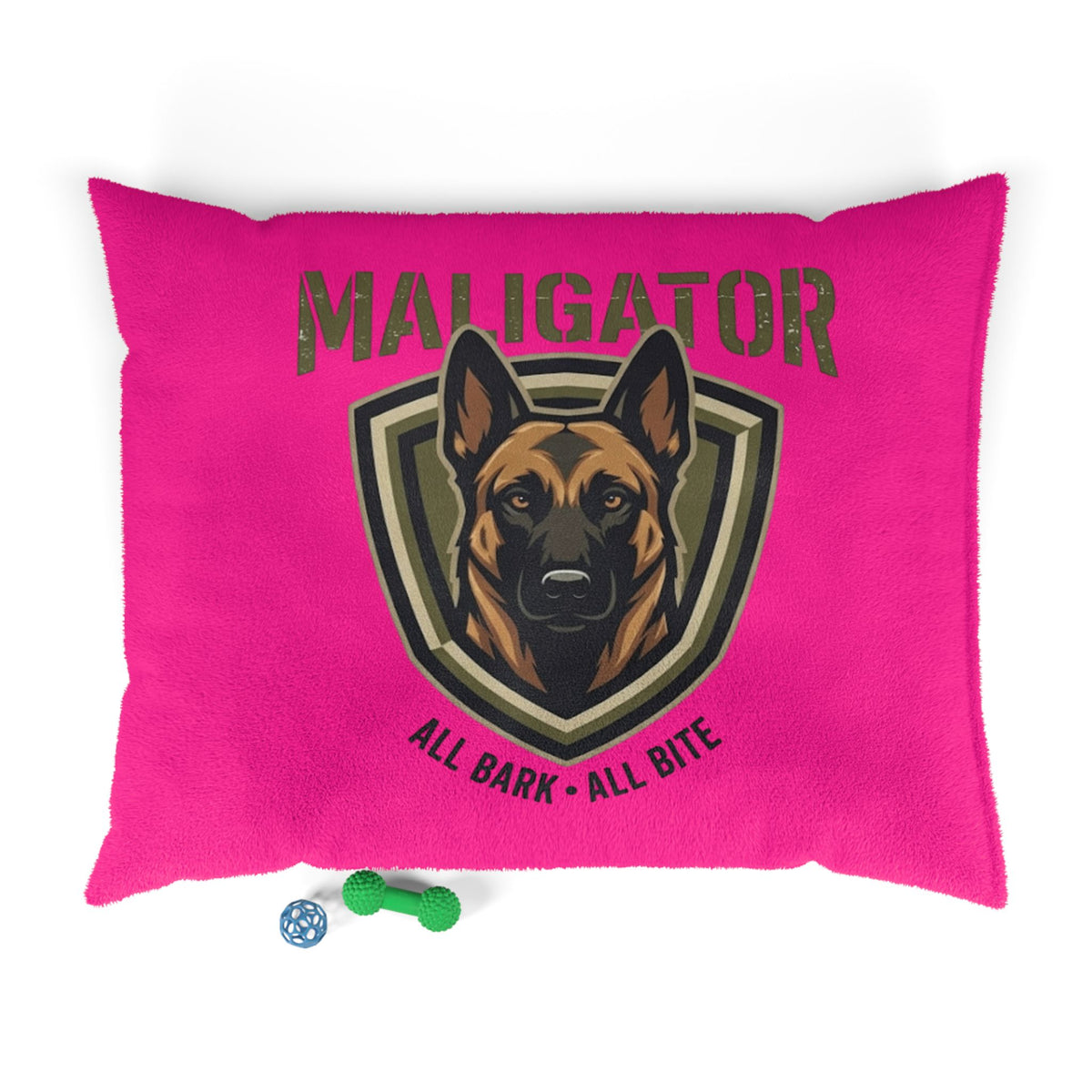Maligator Dog Bed - "All Bark All Bite" Pink Plush Pet Bed for German Shepherds
