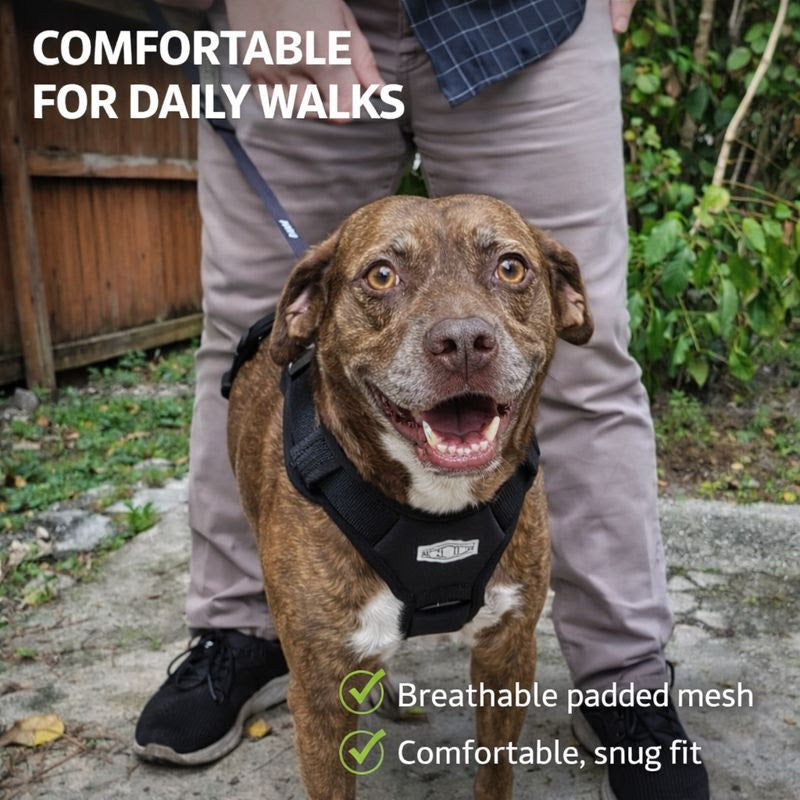 Dog wearing a harness with text about comfort for daily walks, set against a natural outdoor background.