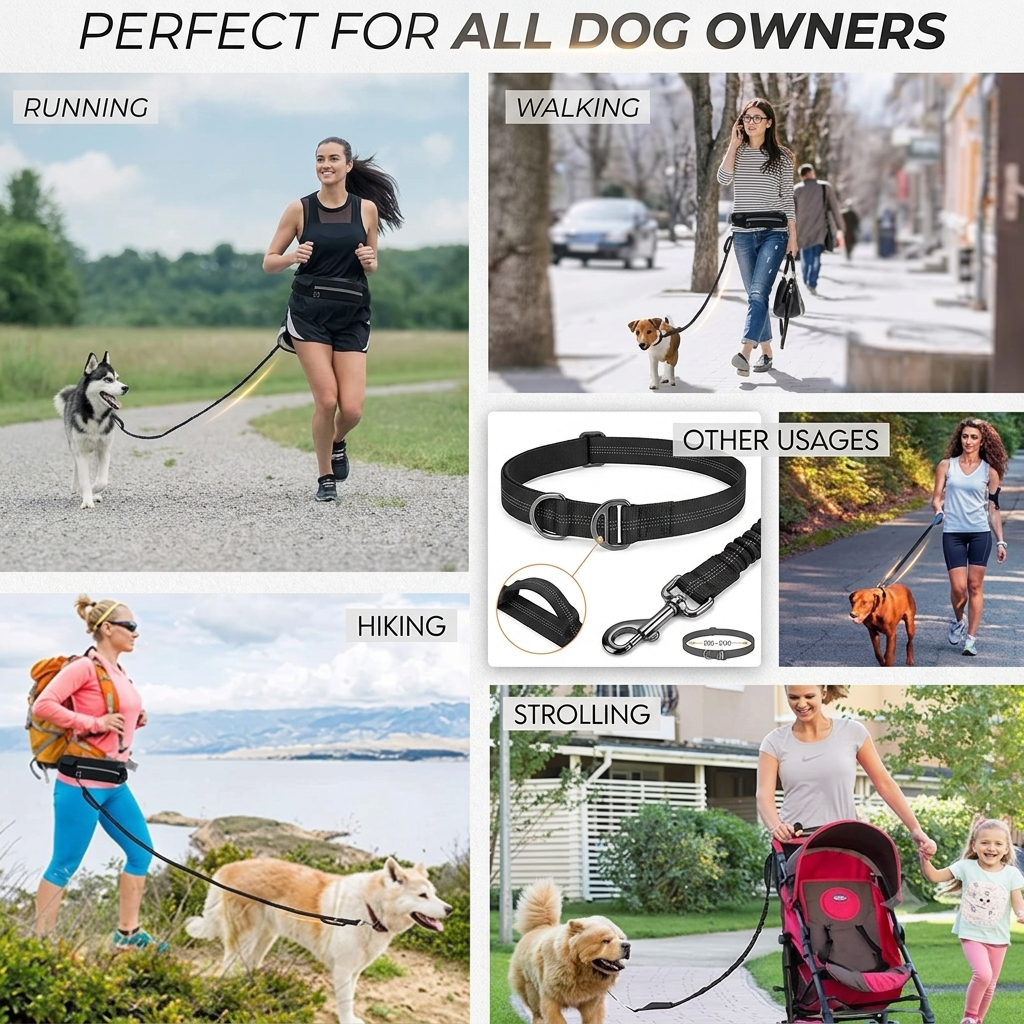 Hands Free Dog Leash Pet Walking And Training Belt With Shock Absorbing Bungee Leash For Up To 180lbs Large Dogs Phone Pocket And Water Bottle Holder